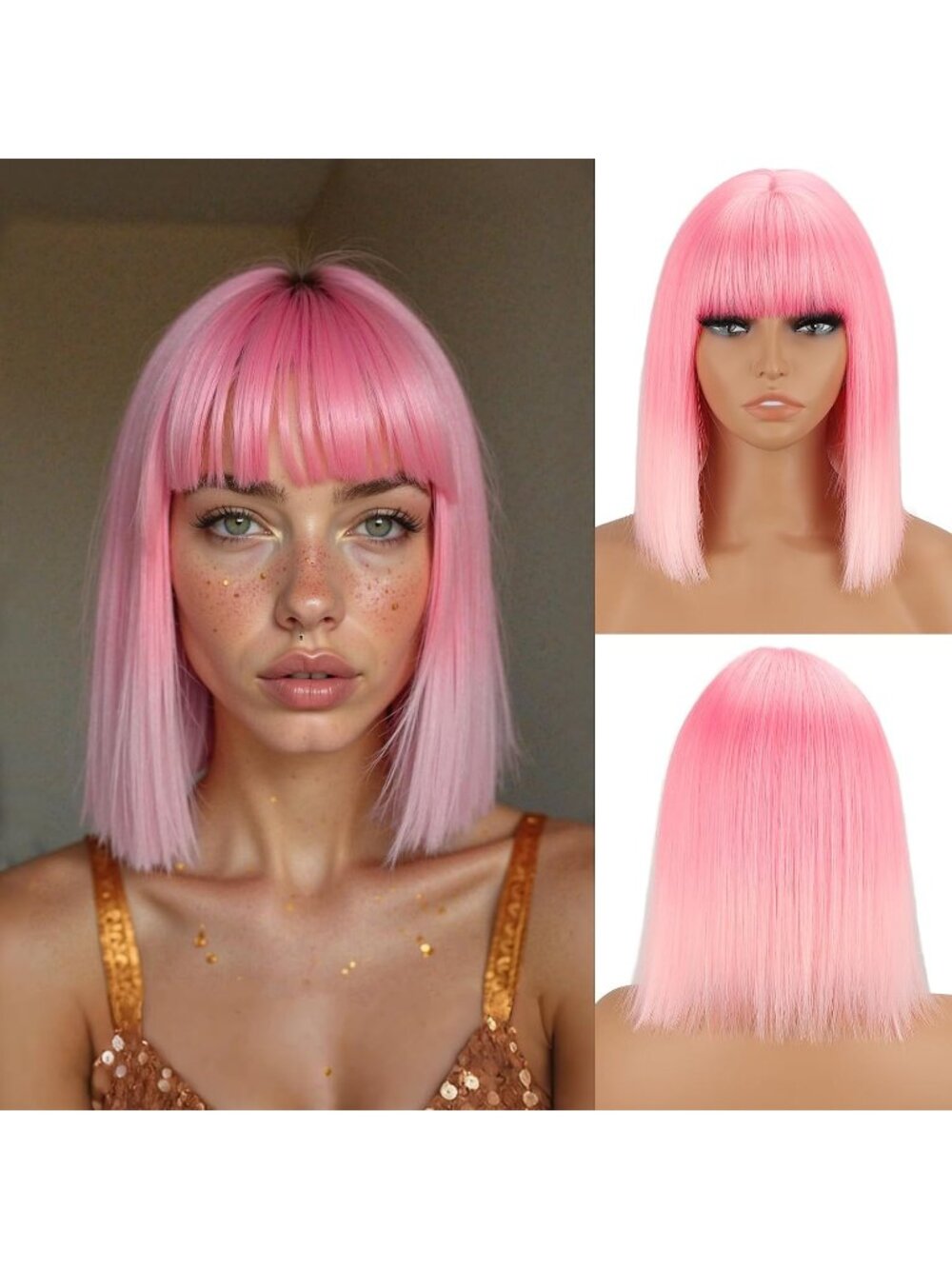 Women's Ombre Pink 11 Inch Heat Resistant Synthetic Short Straight Wigs Bangs